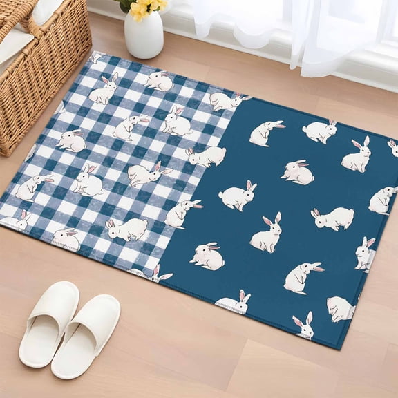 2x3 Ft Entryway Area Rug, Japanese Rabbits Kitchen Rug Runner Washable Floor Mat, Vintage Navy Blue Farmhouse Checkered Non Slip Indoor Door Mat Throw Carpet for Bathroom Living Room Bedroom