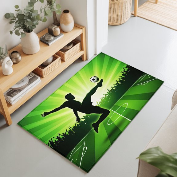 2x3 Ft Entryway Area Rug, Jumping Player Kitchen Rug Runner Washable Floor Mat, Football Green Field Energetic Green Non Slip Indoor Door Mat Throw Carpet for Bathroom Living Room Bedroom