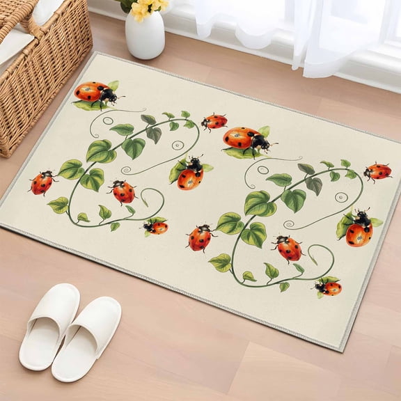 2x3 Ft Entryway Area Rug, Ladybugs Eucalyptus Kitchen Rug Runner Washable Floor Mat, Spring Botanical Leaves Green Non Slip Indoor Door Mat Throw Carpet for Bathroom Living Room Bedroom