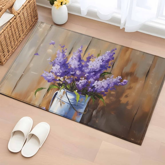2x3 Ft Entryway Area Rug, Lavender Kitchen Rug Runner Washable Floor Mat, Spring Floral Purple Watercolor Vintage Non Slip Indoor Door Mat Throw Carpet for Bathroom Living Room Bedroom