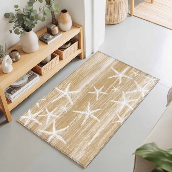 2x3 Ft Entryway Area Rug, Light Brown Starfish Coastal Kitchen Rug Runner Washable Floor Mat, Summer Beach Nautical Ocean Vintage Indoor Door Mat Throw Carpet for Bathroom Living Room Bedroom
