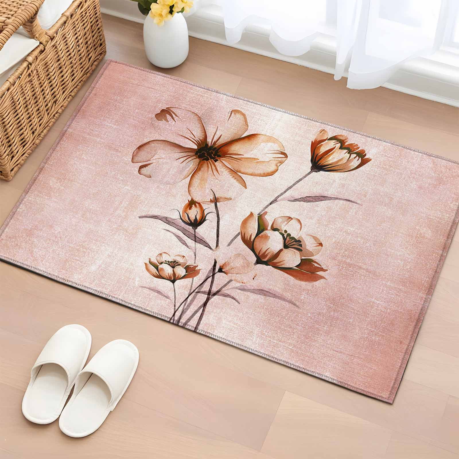 2x3 Ft Entryway Area Rug, Light Orange Spring Floral Kitchen Rug Runner ...