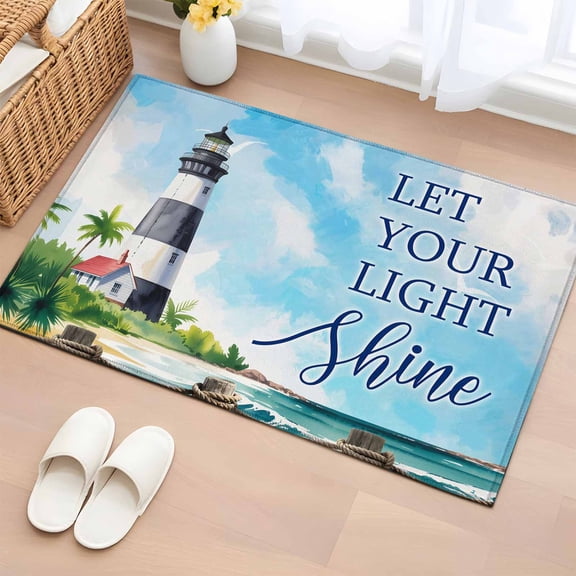 2x3 Ft Entryway Area Rug, Lighthouse Kitchen Rug Runner Washable Floor Mat, Blue Coastal Nautical Ocean Beach Palm Tree Non Slip Indoor Door Mat Throw Carpet for Bathroom Living Room Bedroom