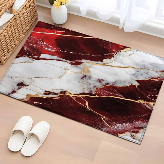 2x3 Ft Entryway Area Rug, Marble Red Kitchen Rug Runner Washable Floor Mat, Modern Abstract Gold White Brick Stone Motif Non Slip Indoor Door Mat Throw Carpet for Bathroom Living Room Bedroom