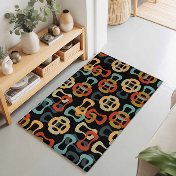 2x3 Ft Entryway Area Rug, Middle Century Kitchen Rug Runner Washable Floor Mat, Abstract Geometric Colorful Rings Black Non Slip Indoor Door Mat Throw Carpet for Bathroom Living Room Bedroom