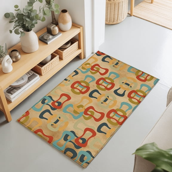 2x3 Ft Entryway Area Rug, Middle Century Kitchen Rug Runner Washable Floor Mat, Abstract Geometric Colorful Rings Brown Non Slip Indoor Door Mat Throw Carpet for Bathroom Living Room Bedroom