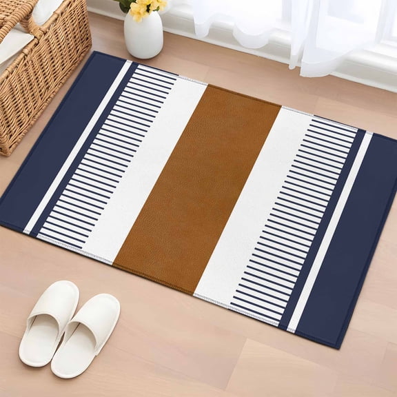 2x3 Ft Entryway Area Rug, Modern Brown Blue Kitchen Rug Runner Washable Floor Mat, Boho Contemporary Geometric Striped Non Slip Indoor Door Mat Throw Carpet for Bathroom Living Room Bedroom