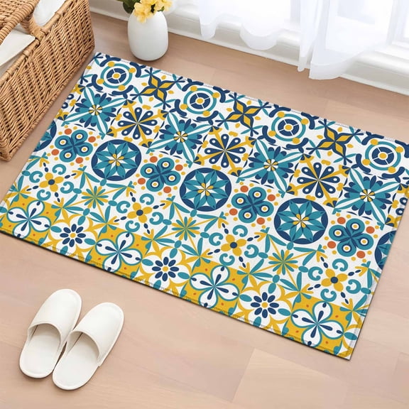2x3 Ft Entryway Area Rug, Modern Mediterranean Kitchen Rug Runner Washable Floor Mat, Retro Moroccan Tiles Texture Vlue Yellow Non Slip Indoor Door Mat Throw Carpet for Bathroom Living Room Bedroom