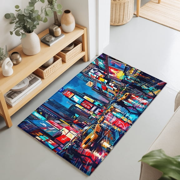 2x3 Ft Entryway Area Rug, Modern Urban Kitchen Rug Runner Washable Floor Mat, Abstract Oil Painting Skyscrapers Blue Non Slip Indoor Door Mat Throw Carpet for Bathroom Living Room Bedroom