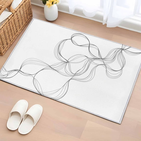 2x3 Ft Entryway Area Rug, Modern White Kitchen Rug Runner Washable Floor Mat, Minimalist Abstract Ribbon A Sketch Rt Non Slip Indoor Door Mat Throw Carpet for Bathroom Living Room Bedroom
