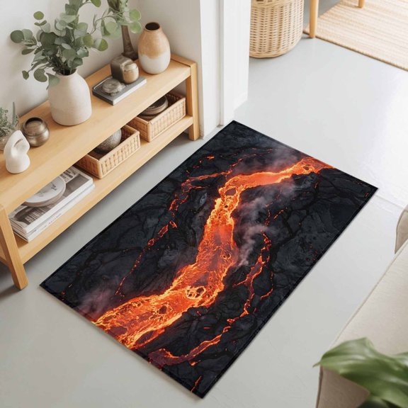 2x3 Ft Entryway Area Rug, Molten River Kitchen Rug Runner Washable Floor Mat, Magma Field Fiery Orange Grey Black Non Slip Indoor Door Mat Throw Carpet for Bathroom Living Room Bedroom