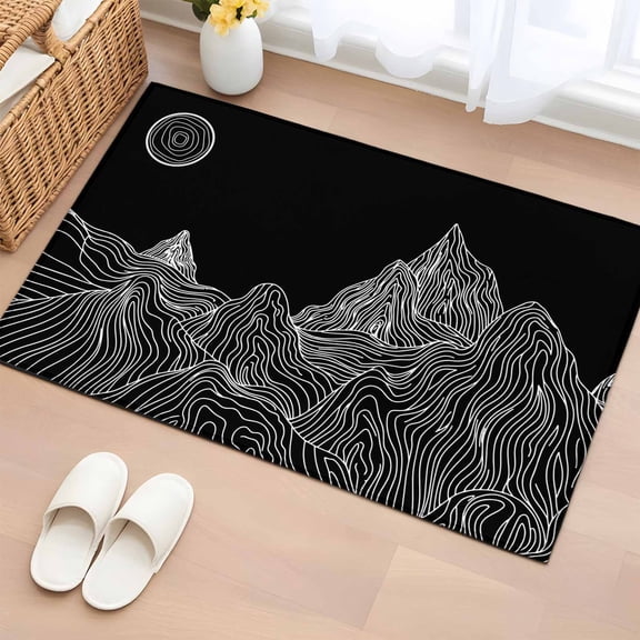 2x3 Ft Entryway Area Rug, Mountain Line Kitchen Rug Runner Washable Floor Mat, Minimalist Abstract Landscape Art Sun Black Non Slip Indoor Door Mat Throw Carpet for Bathroom Living Room Bedroom