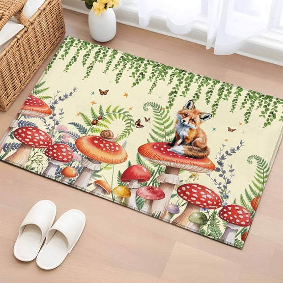 2x3 Ft Entryway Area Rug, Mushroom Fox Kitchen Rug Runner Washable Floor Mat, Green Leaf Butterfly Red Retro Plant Non Slip Indoor Door Mat Throw Carpet for Bathroom Living Room Bedroom