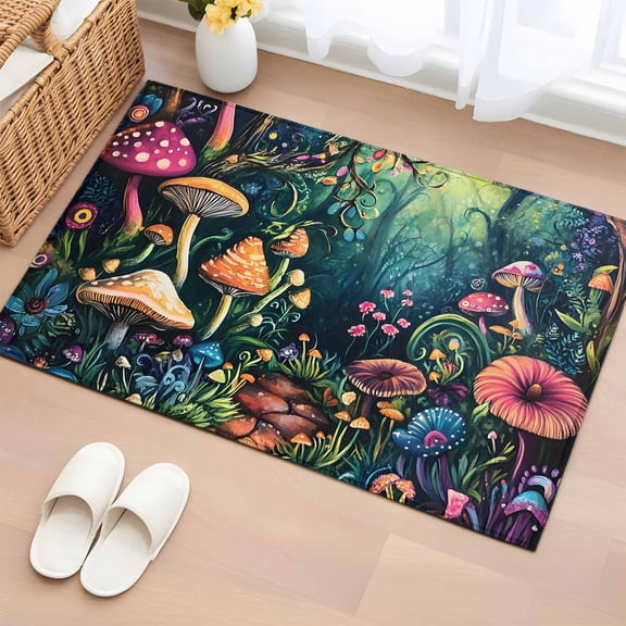 2x3 Ft Entryway Area Rug, Mushroom Kitchen Rug Runner Washable Floor Mat, Dream Forest Botanical Floral Plant Non Slip Indoor Door Mat Throw Carpet for Bathroom Living Room Bedroom