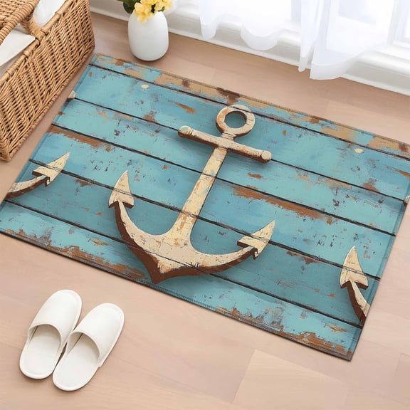 2x3 Ft Entryway Area Rug, Nautical Anchor Kitchen Rug Runner Washable Floor Mat, Farmhouse Retro Turquoise Wooden Grain Non Slip Indoor Door Mat Throw Carpet for Bathroom Living Room Bedroom