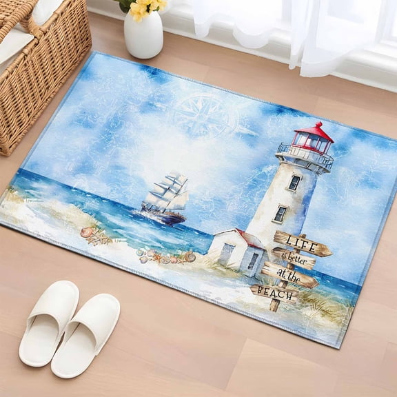 2x3 Ft Entryway Area Rug, Nautical Blue Kitchen Rug Runner Washable Floor Mat, Lighthouse Ocean Sailboat Summer Painting Non Slip Indoor Door Mat Throw Carpet for Bathroom Living Room Bedroom