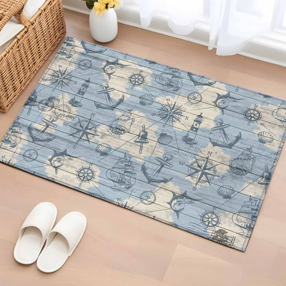 2x3 Ft Entryway Area Rug, Nautical Blue Kitchen Rug Runner Washable Floor Mat, Sailing Anchor Compass Lighthouse Fish Non Slip Indoor Door Mat Throw Carpet for Bathroom Living Room Bedroom