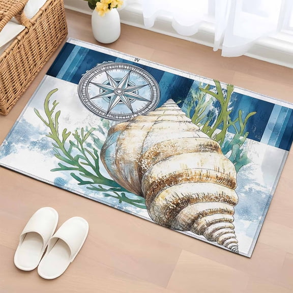 2x3 Ft Entryway Area Rug, Nautical Compass Kitchen Rug Runner Washable Floor Mat, Coastal Ocean Shell Seaweed Non Slip Indoor Door Mat Throw Carpet for Bathroom Living Room Bedroom