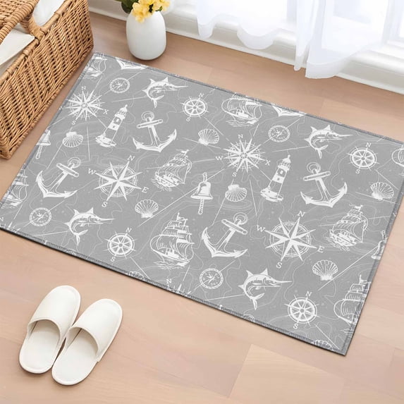 2x3 Ft Entryway Area Rug, Nautical Grey Kitchen Rug Runner Washable Floor Mat, Retro Sailing Boat Map Anchor Rudder Non Slip Indoor Door Mat Throw Carpet for Bathroom Living Room Bedroom