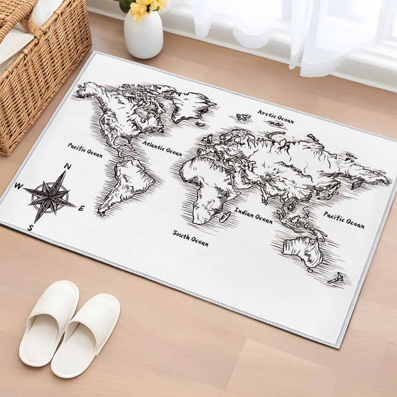 2x3 Ft Entryway Area Rug, Nautical Map Kitchen Rug Runner Washable Floor Mat, Coastal Vintage Ocean Map Compass Non Slip Indoor Door Mat Throw Carpet for Bathroom Living Room Bedroom