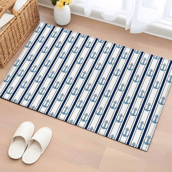 2x3 Ft Entryway Area Rug, Navy Blue Anchor Nautical Kitchen Rug Runner Washable Floor Mat, Coastal Ocean Summer Beach Non Slip Indoor Door Mat Throw Carpet for Bathroom Living Room Bedroom