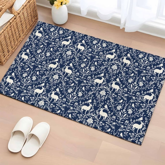 2x3 Ft Entryway Area Rug, Navy Blue Boho Elk Kitchen Rug Runner Washable Floor Mat, Middle Century Vintage Botanical Non Slip Indoor Door Mat Throw Carpet for Bathroom Living Room Bedroom