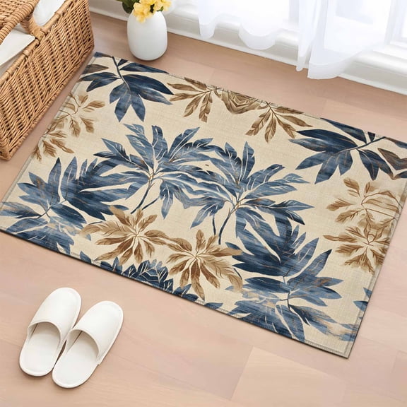 2x3 Ft Entryway Area Rug, Navy Blue Brown Kitchen Rug Runner Washable Floor Mat, Tropical Botanical Palm Leaves Rustic Non Slip Indoor Door Mat Throw Carpet for Bathroom Living Room Bedroom