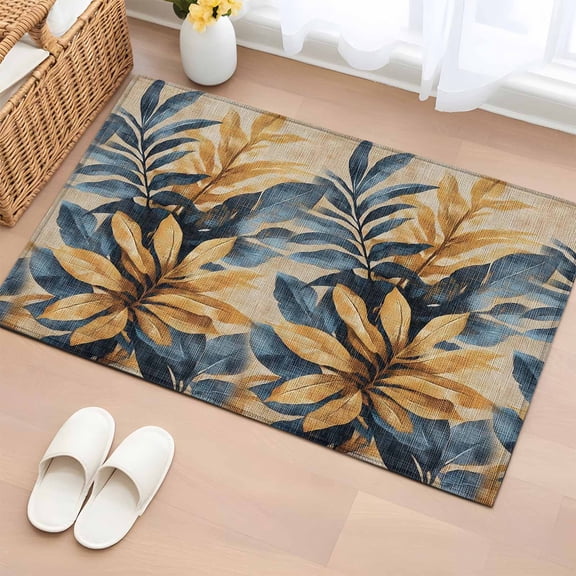 2x3 Ft Entryway Area Rug, Navy Blue Brown Kitchen Rug Runner Washable Floor Mat, Tropical Palm Leaves Vintage Non Slip Indoor Door Mat Throw Carpet for Bathroom Living Room Bedroom