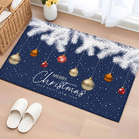 2x3 Ft Entryway Area Rug, Navy Blue Christmas Kitchen Rug Runner Washable Floor Mat, Xmas Balls Snowflake Botanical Non Slip Indoor Door Mat Throw Carpet for Bathroom Living Room Bedroom