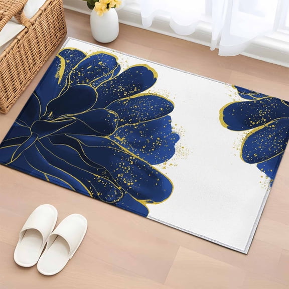 2x3 Ft Entryway Area Rug, Navy Blue Gold Kitchen Rug Runner Washable Floor Mat, Abstract Line Art Troditional Ink Painting Non Slip Indoor Door Mat Throw Carpet for Bathroom Living Room Bedroom