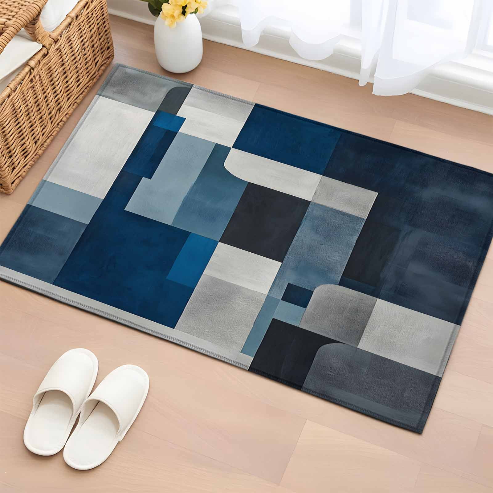 2x3 Ft Entryway Area Rug, Navy Blue Grey Kitchen Rug Runner Washable Floor Mat, Modern Abstract Geometric Vintage Non Slip Indoor Door Mat Throw Carpet for Bathroom Living Room Bedroom