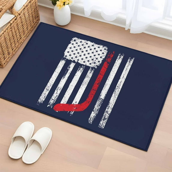 2x3 Ft Entryway Area Rug, Navy Blue Hockey American Flag Kitchen Rug Runner Washable Floor Mat, Vintage Abstract US Flag Non Slip Indoor Door Mat Throw Carpet for Bathroom Living Room Bedroom
