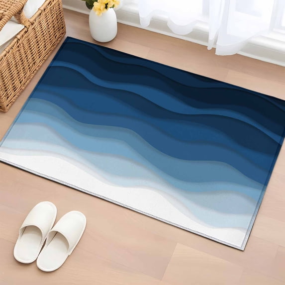 2x3 Ft Entryway Area Rug, Navy Blue Ombre Kitchen Rug Runner Washable Floor Mat, Modern Moire Wave Gradient Non Slip Indoor Door Mat Throw Carpet for Bathroom Living Room Bedroom