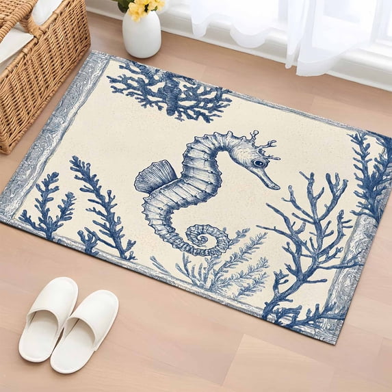 2x3 Ft Entryway Area Rug, Navy Blue Seahorse Coastal Kitchen Rug Runner Washable Floor Mat, Beach Botanical Vintage Non Slip Indoor Door Mat Throw Carpet for Bathroom Living Room Bedroom