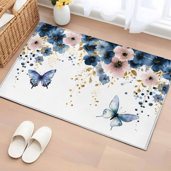 2x3 Ft Entryway Area Rug, Navy Blue Spring Floral Kitchen Rug Runner Washable Floor Mat, Farmhouse Butterfly Watercolor Non Slip Indoor Door Mat Throw Carpet for Bathroom Living Room Bedroom