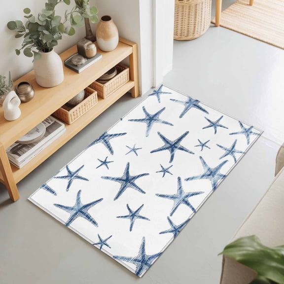 2x3 Ft Entryway Area Rug, Navy Blue Starfish Coastal Kitchen Rug Runner Washable Floor Mat, Summer Beach Nautical Ocean Non Slip Indoor Door Mat Throw Carpet for Bathroom Living Room Bedroom