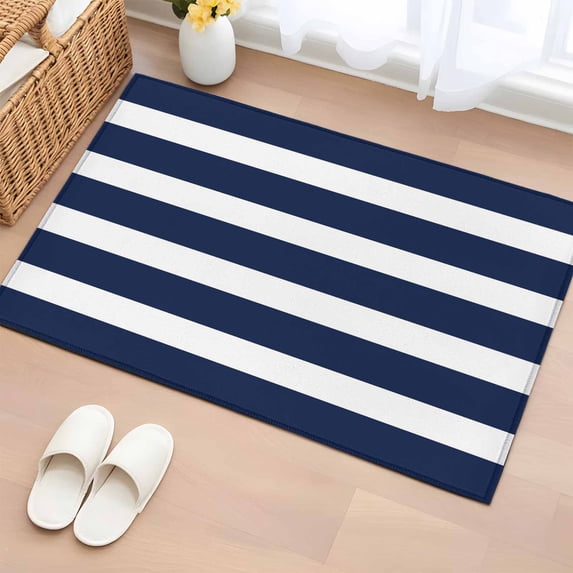 2x3 Ft Entryway Area Rug, Navy Blue Stripe Kitchen Rug Runner Washable Floor Mat, Modern Simple Geometric White Striped Non Slip Indoor Door Mat Throw Carpet for Bathroom Living Room Bedroom