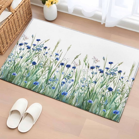2x3 Ft Entryway Area Rug, Navy Blue Wildflowers Kitchen Rug Runner Washable Floor Mat, Spring Pastoral Botanical Floral Non Slip Indoor Door Mat Throw Carpet for Bathroom Living Room Bedroom