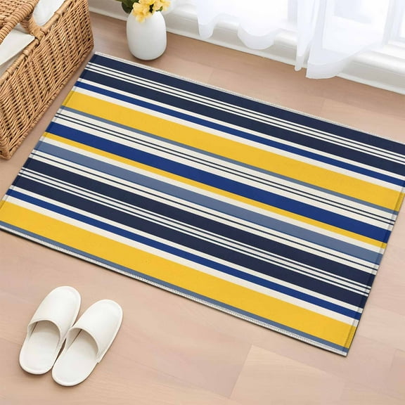2x3 Ft Entryway Area Rug, Navy Blue Yellow Striped Kitchen Rug Runner Washable Floor Mat, Farmhouse Vintage Stripe Non Slip Indoor Door Mat Throw Carpet for Bathroom Living Room Bedroom