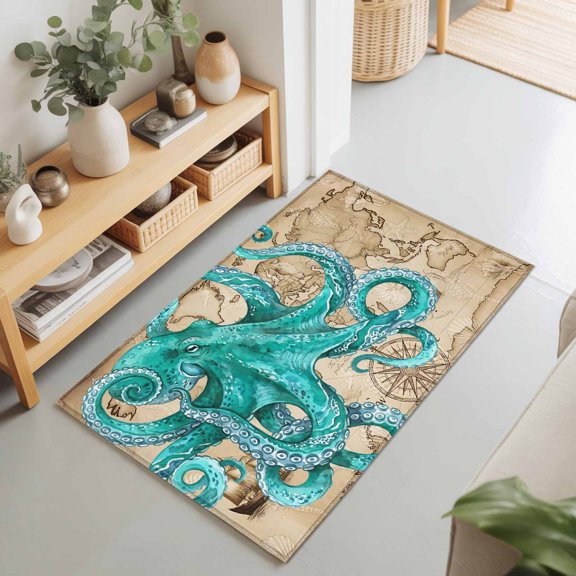 2x3 Ft Entryway Area Rug, Ocean Blue Octopus Kitchen Rug Runner Washable Floor Mat, Coastal Anchor Sea Boat Retro World Map Non Slip Indoor Door Mat Throw Carpet for Bathroom Living Room Bedroom