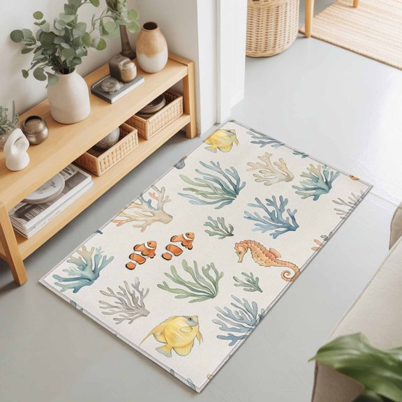 2x3 Ft Entryway Area Rug, Ocean Coastal Kitchen Rug Runner Washable Floor Mat, Nautical Seahorse Coral Fish Marine Life Non Slip Indoor Door Mat Throw Carpet for Bathroom Living Room Bedroom
