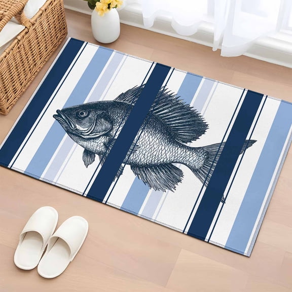 2x3 Ft Entryway Area Rug, Ocean Fish Kitchen Rug Runner Washable Floor Mat, Watercolor Navy Blue Aqua Stripe Modern Non Slip Indoor Door Mat Throw Carpet for Bathroom Living Room Bedroom