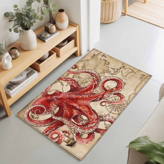 2x3 Ft Entryway Area Rug, Ocean Red Octopus Kitchen Rug Runner Washable Floor Mat, Coastal Anchor Sea Boat Retro World Map Non Slip Indoor Door Mat Throw Carpet for Bathroom Living Room Bedroom