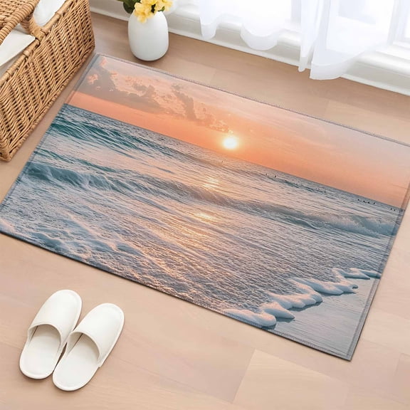 2x3 Ft Entryway Area Rug, Ocean Sunset Kitchen Rug Runner Washable Floor Mat, Summer Beach Shore Sky Sun Scenery Non Slip Indoor Door Mat Throw Carpet for Bathroom Living Room Bedroom