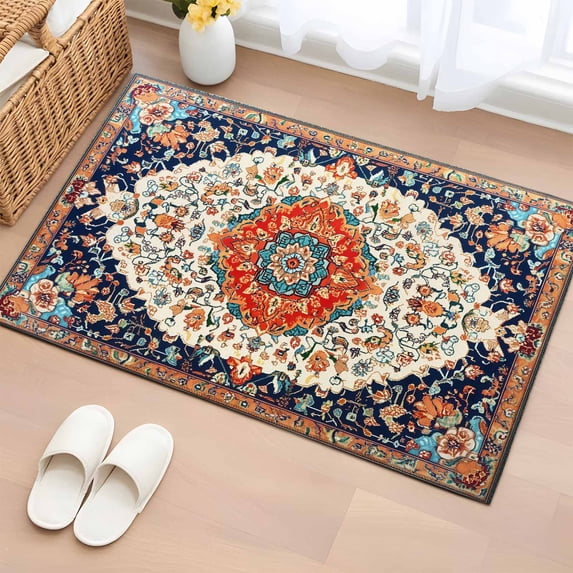 2x3 Ft Entryway Area Rug, Orange Blue Boho Kitchen Rug Runner Washable Floor Mat, Vintage Ethnic Geometric Abstract Non Slip Indoor Door Mat Throw Carpet for Bathroom Living Room Bedroom