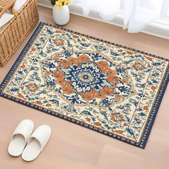 2x3 Ft Entryway Area Rug, Orange Blue Ethnic Rustic Kitchen Rug Runner Washable Floor Mat, Boho Southwestern Heritage Non Slip Indoor Door Mat Throw Carpet for Bathroom Living Room Bedroom