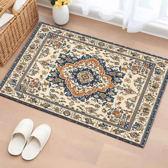 2x3 Ft Entryway Area Rug, Orange Blue Ethnic Rustic Kitchen Rug Runner Washable Floor Mat, Heritage Boho Southwestern Non Slip Indoor Door Mat Throw Carpet for Bathroom Living Room Bedroom