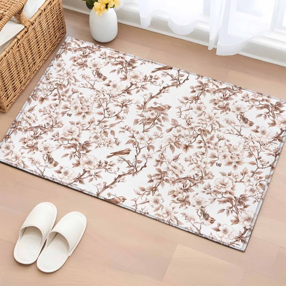 2x3 Ft Entryway Area Rug, Orange Botanical Kitchen Rug Runner Washable Floor Mat, Elegant Watercolor Botanical Birds Non Slip Indoor Door Mat Throw Carpet for Bathroom Living Room Bedroom