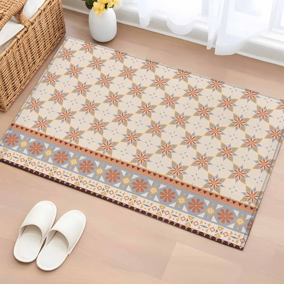 2x3 Ft Entryway Area Rug, Orange Floral Kitchen Rug Runner Washable Floor Mat, Country Boho Ethnic Art Flowers Motifs Non Slip Indoor Door Mat Throw Carpet for Bathroom Living Room Bedroom