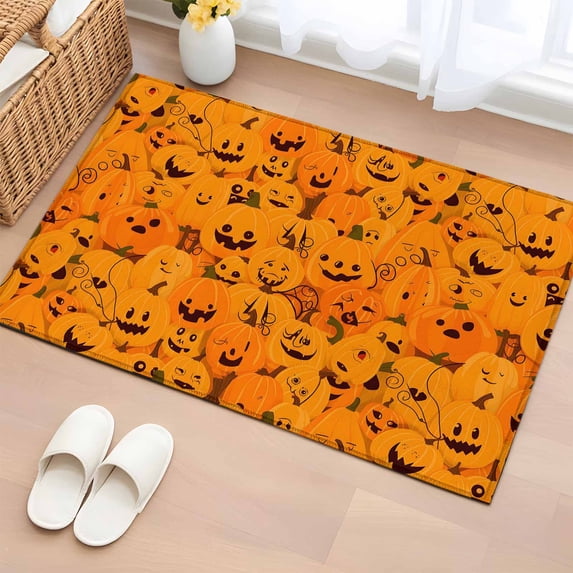 2x3 Ft Entryway Area Rug, Orange Halloween Kitchen Rug Runner Washable Floor Mat, Horror Pumpkins Evil Bat Non Slip Indoor Door Mat Throw Carpet for Bathroom Living Room Bedroom